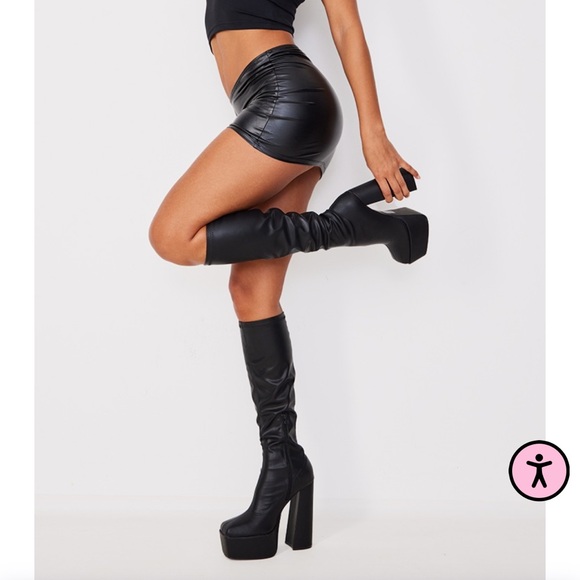 Black Matte Pu Square Toe Platform High Platform Knee Boots - Picture 2 of 8